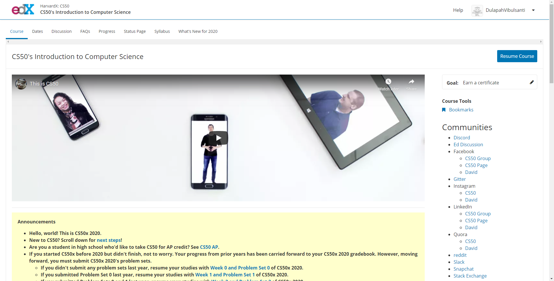CS50 online course interface