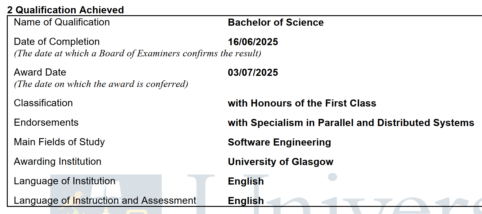 My First Class Honours certificate from University of Glasgow